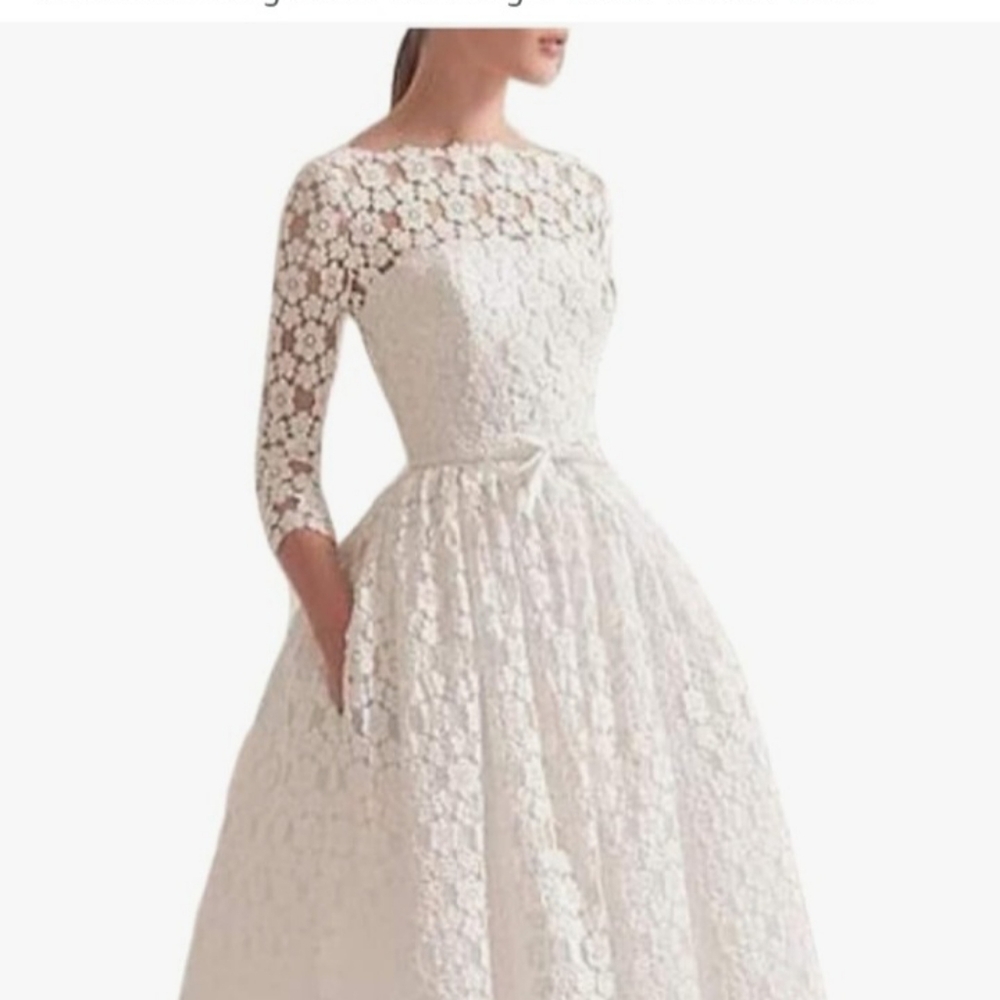 NWT White Lace Tea Length Bridak Shower Or Wedding Dress - Picture 4 of 10